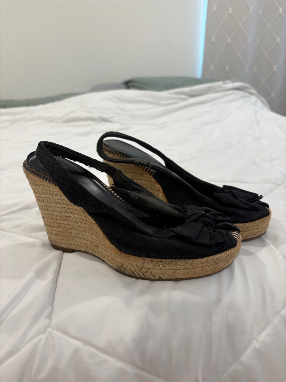 MIA Black Canvas Bow Peep Toe Espadrille Wedge Sandals 7.5 Y2K